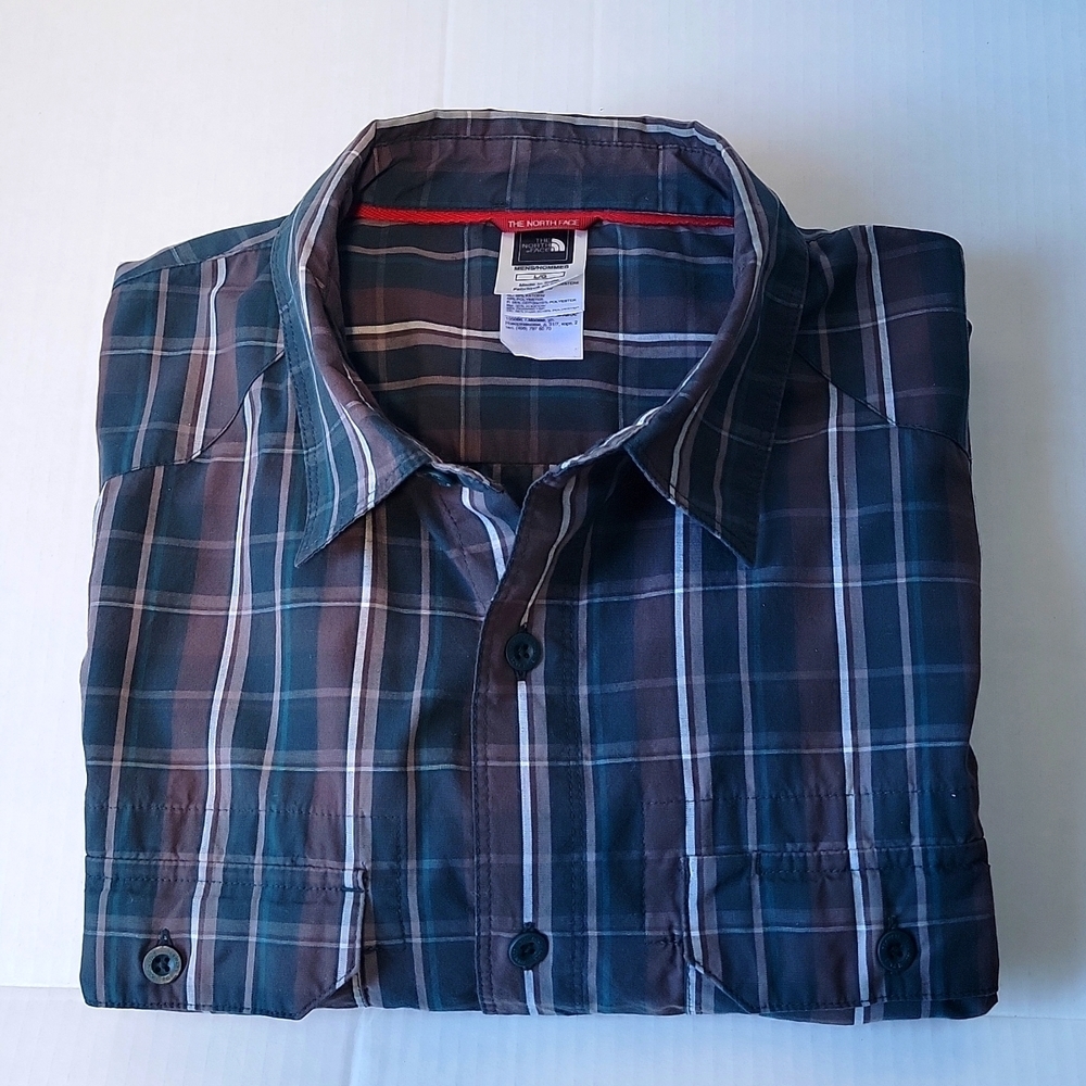 🌍NORTHFACE🌍 Mens Dark Green/ Charcoal Grey L/S Button Up Shirt Size Large